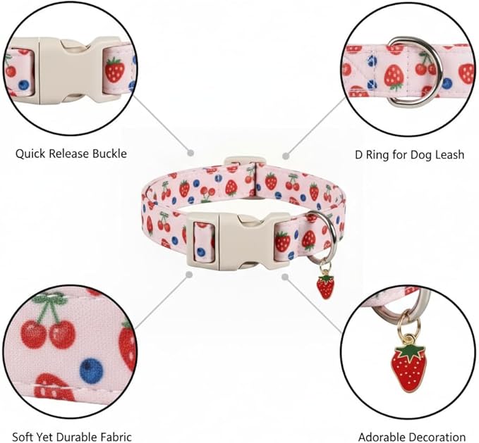 Pink Dog Collar, Female Dog Collar for Large Dogs with Strawberry, Cherry and Blueberry Print, Spring Summer Collar Made of Durable Soft Fabric, L