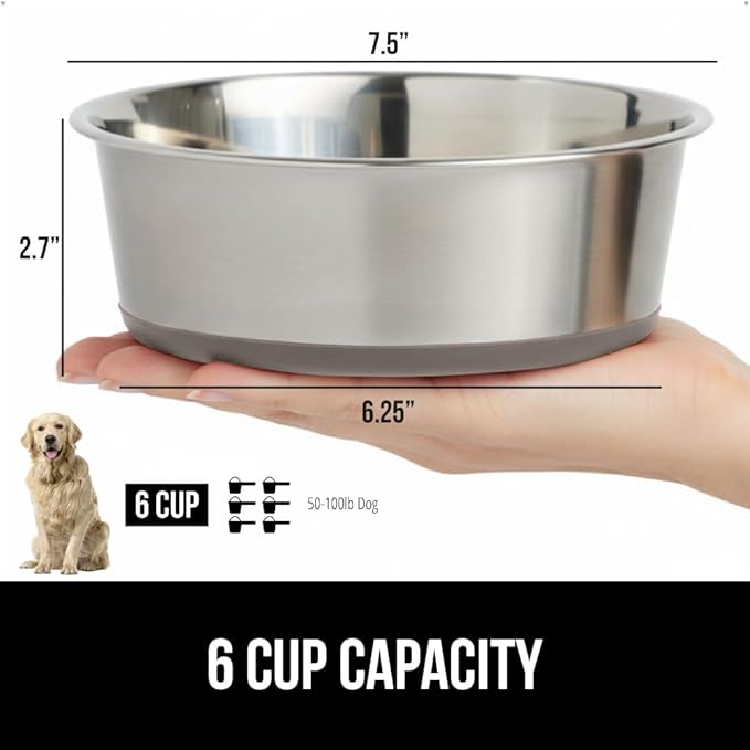 GORILLA GRIP Set of 2 Dog Bowls, Holds 6 Cups (48 fl oz), Heavy Duty Metal Food and Water Bowl for Feeding Dogs and Cats, Dishwasher Safe, Rust Resistant Stainless Steel, BPA Free Rubber Base, Beige