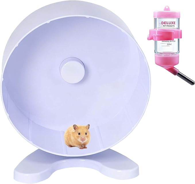 8.7" Super Silent Hamster Wheel with Stand & Water Bottle – Ultra Quiet Exercise Running Wheel for Gerbils, Syrian & Dwarf Hamsters, Chinchillas, Small Pets – Noiseless Spinning Design, White