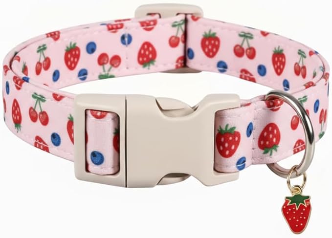 Girl Dog Collar, Cute Dog Collar for Medium Dogs with Cute Strawberry, Cherry and Blueberry Print, Pink Collar for Dogs with Quick-Release Buckle and Robust D Ring, M