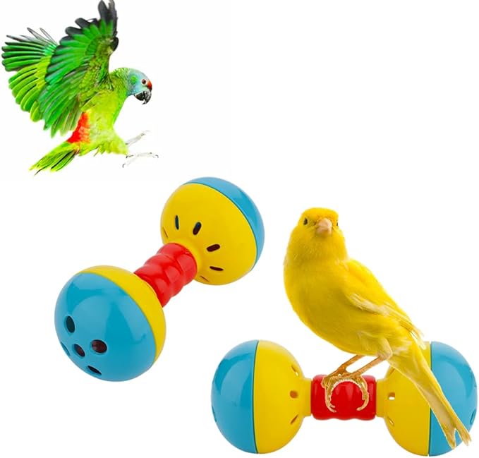 DQITJ 2 Pcs Bird Barbell Dumbell Foot Toy, Enrichment Rattles Bells Foot Toy for Small Bird Parrot Parakeet Cockatiel Conure Love Birds