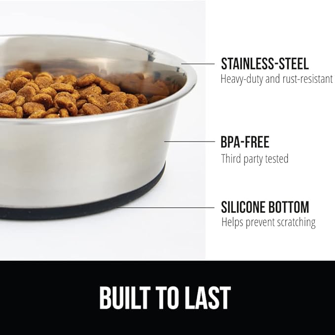 GORILLA GRIP Dog Bowls, Holds 2 Cups Each (16 fl oz), Heavy Duty Stainless Steel Food and Water Bowl for Feeding Dogs and Cats, Dishwasher Safe, Rust Resistant, BPA Free Rubber Base, Set of 2 Black
