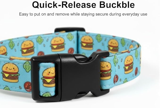 Cute Dog Collar, Blue Dog Collar with Burger Pattern and Cute Charm, Puppy Collar with Quick Release Buckle and Durable Fabric, Suitable for Small Dogs