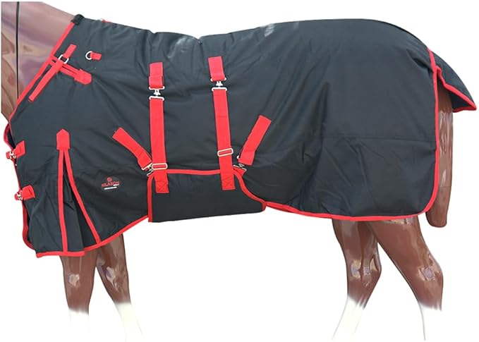 HILASON Black with Red Trims 74 Inch 1200D Winter Waterproof Poly Horse Turnout Blanket Belly Wrap