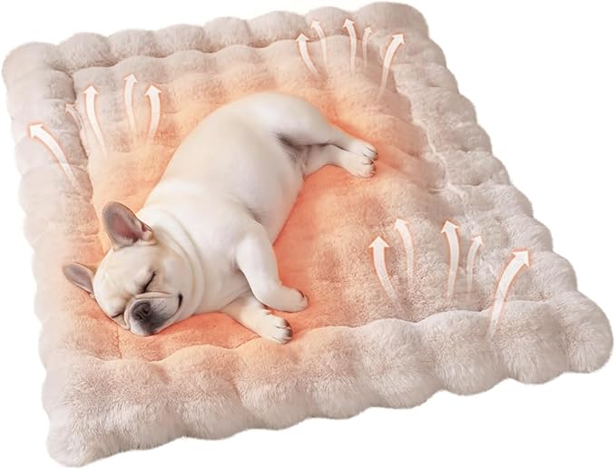 Self-Warming Cat Bed, Plush Faux Fur Pet Bed Mat with Anti-Slip Bottom, Ultra Soft Heated Bed for Cats & Medium Dogs, Cozy Fluffy Pad for Couch & Crate, Machine Washable, 27x20 Inch White
