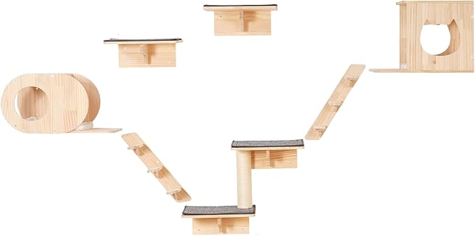 VEVOR Wall Mounted Cat Shelves and Perches with Jumping Boards, Cat Beds, Hammocks & Tree, Up to 40 lbs for Sleeping, Playing, Climbing - Set of 7