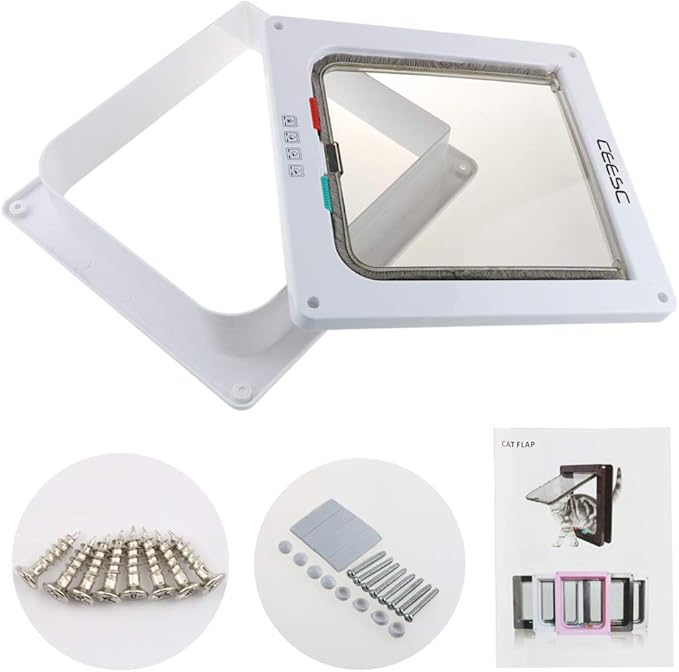 CEESC Extra Large Cat Door (Outer Size 11"x9.8"), Weatherproof, White, ABS Material, 4-Way Locking Flap for Cats & Dogs up to 25.54 lbs