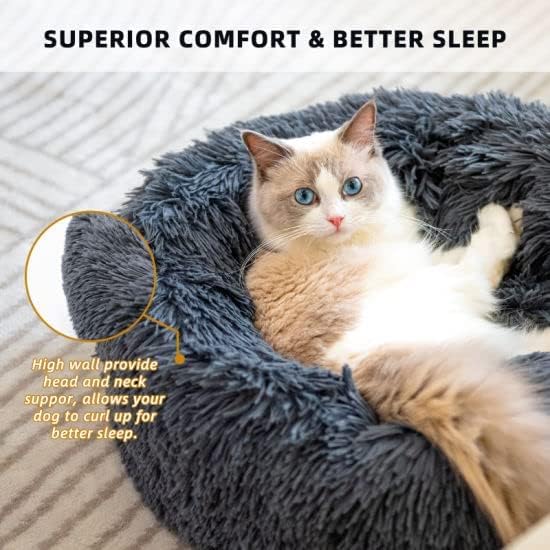 Original Calming Donut Dog and Cat Bed in Shag Fur, Dog Beds for Melium Dogs, Anti Anxiety Round Fluffy Plush Faux Fur Pet Bed (Dark Grey, XX-Large)