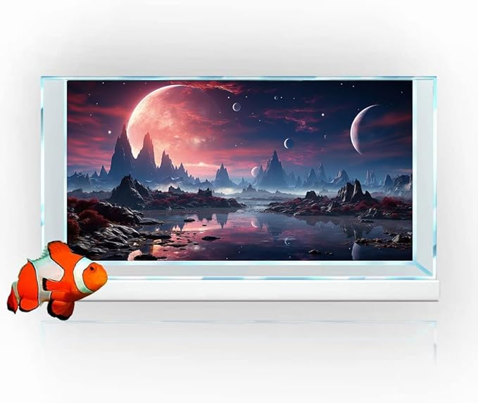 24X12IN Cosmic Spaceterrarium Background, Cool Parallel Space Themed Aquarium Reptile Habitat Background, Red Moon Aquarium Background with 10EVA Double-Sided Tape