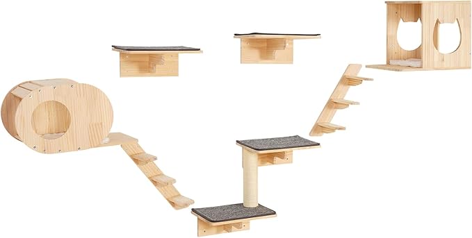 VEVOR Wall Mounted Cat Shelves and Perches with Jumping Boards, Cat Beds, Hammocks & Tree, Up to 40 lbs for Sleeping, Playing, Climbing - Set of 7