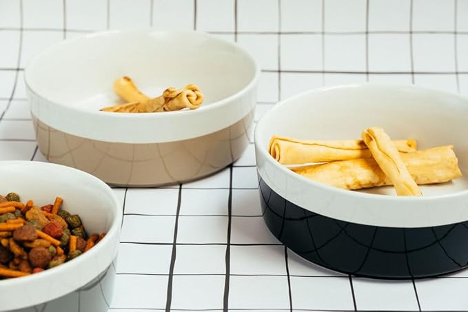 Waggo Dipper Ceramic Dog Bowl for Small and Large Breeds - Heavyweight and Durable Pet Food and Water Dish Crock, Dishwasher Safe, Modern (Vintage Grey, Large)