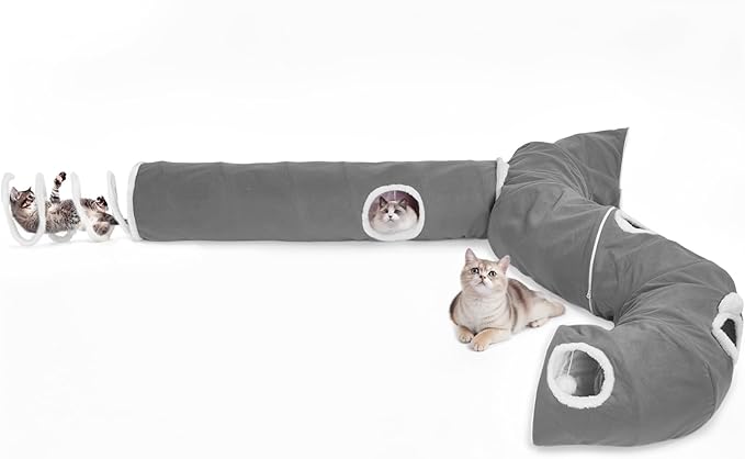 Ownpets 2-in-1 Cat Tunnel, Large Lollipop Shape Cat Tunnel Toy with Fluffy Balls, Spiral Toy, Plush Collapsible Cat Cave Hideout Donut Tunnel for Multi Kitten Puppy Rabbit, Grey