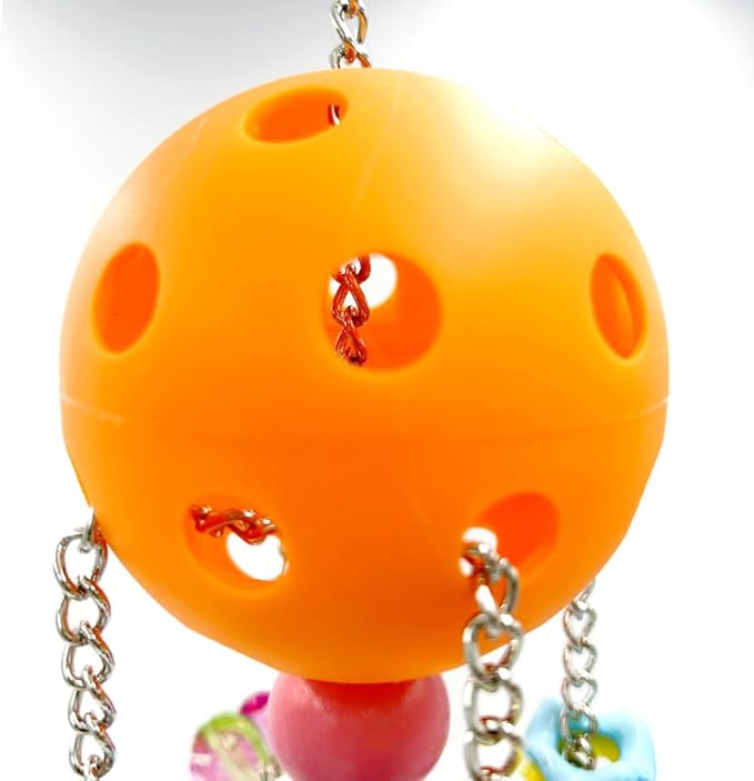 Pullable Bird Plastic Ball Toys with Acrylic Pacifiers and Flowers, Colorful Parrot Toys for Medium and Large Parrot Quaker Monk Parakeet Sun Conures (Orange)