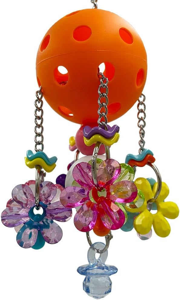 Pullable Bird Plastic Ball Toys with Acrylic Pacifiers and Flowers, Colorful Parrot Toys for Medium and Large Parrot Quaker Monk Parakeet Sun Conures (Orange)