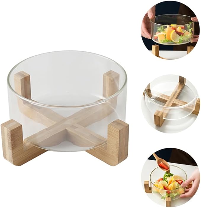 PRETYZOOM Glass Salad Bowl with Solid Wood Base Versatile Serving Bowl Kitchen Utensils for Fruits Noodles Desserts 6 Inch