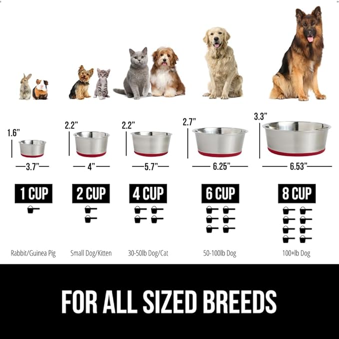 GORILLA GRIP Set of 2 Dog Bowls, Holds 4 Cups (32 fl oz), Heavy Duty Metal Food and Water Bowl for Feeding Dogs and Cats, Dishwasher Safe, Rust Resistant Stainless Steel, BPA Free Rubber Base, Red