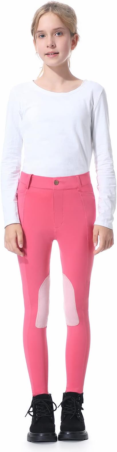 beroy Kids Horse Riding Knee-Patches Pants Girls Equestrian Front-Zip Breeches Legging with Pockets