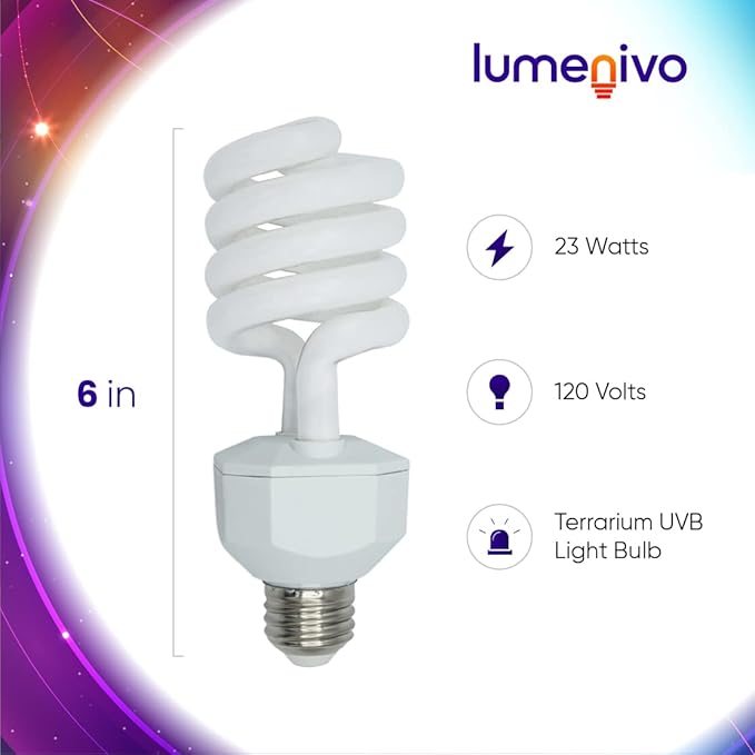 lumenivo 23 Watt UVB Reptile Light 5.0 23W Spiral Reptile Heat Terrarium Light Bulbs for Turtles, Gecko, Tortoise, Snake, Lizard, Chameleons, and Insects - 120V - 3 Pack