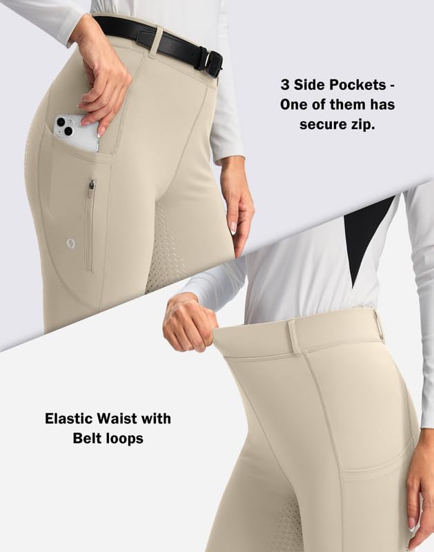 SANTINY Women's Horse Riding Pants Zipper Pockets Silicone Full-Seat Breeches Equestrian Schooling Tights for Women