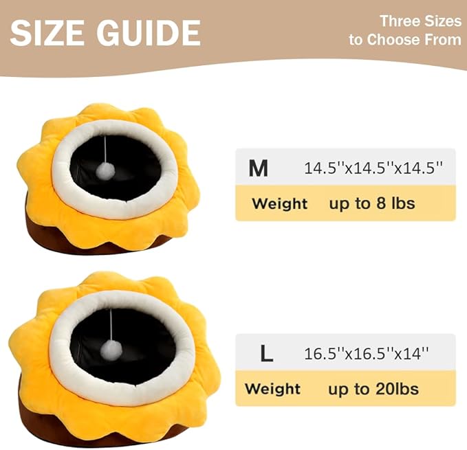 Cat Beds for Indoor Cats - Sun flower-shaped Cat Cave Bed with Hanging Toy,Super Soft Calming Pet Bed for Kitten&puppy,Small Dog,Warm Plush&Machine Washable&Removable Cotton Pad,cat Hideaway(Brown L)