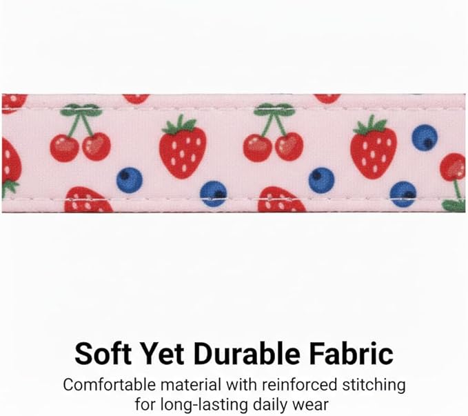 Pink Dog Collar, Girl Dog Collar for Small Dogs, Spring Summer Puppy Collar with Cute Strawberry, Cherry and Blueberry Print, Soft Adjustable Collars for Girls Boys Dogs, S