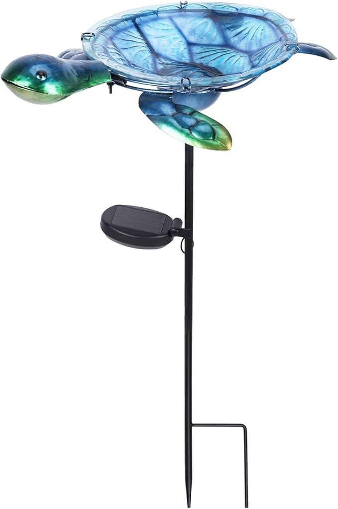 MUMTOP Outdoor Bird Bath Solar Birdbath Small Birdfeeder with Turtle Metal Stake for Garden Yard Outside Decor