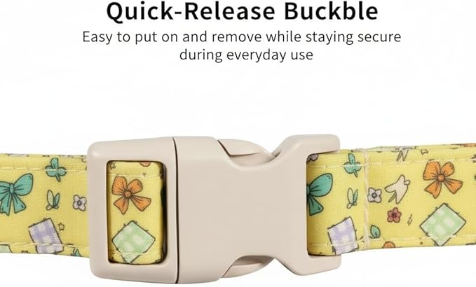 Cute Dog Collar with Yellow Bow Pattern, Girl Dog Collar for Small Dogs, Adjustable Spring/Summer Puppy Collar Made of Soft Fabric and Quick Release Buckle, S