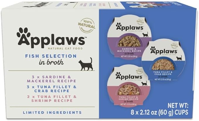 Applaws Natural Wet Cat Food, 8 Count, Limited Ingredient Cat Food Pots, Fish Variety Count in Broth, 2.12oz Pots