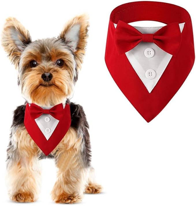Dog Wedding Bandana, Formal Dog Tuxedo Adjustable Pet Collar with Bow, Small, Medium and Large Wedding Clothing, Birthday Gifts for Dogs (Small, Red)