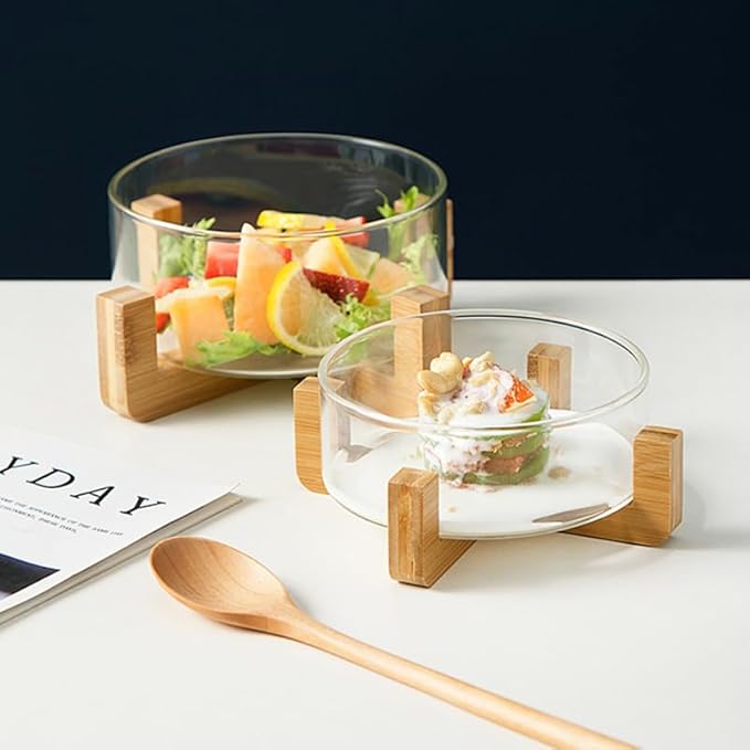 PRETYZOOM Glass Salad Bowl with Solid Wood Base Versatile Serving Bowl Kitchen Utensils for Fruits Noodles Desserts 6 Inch