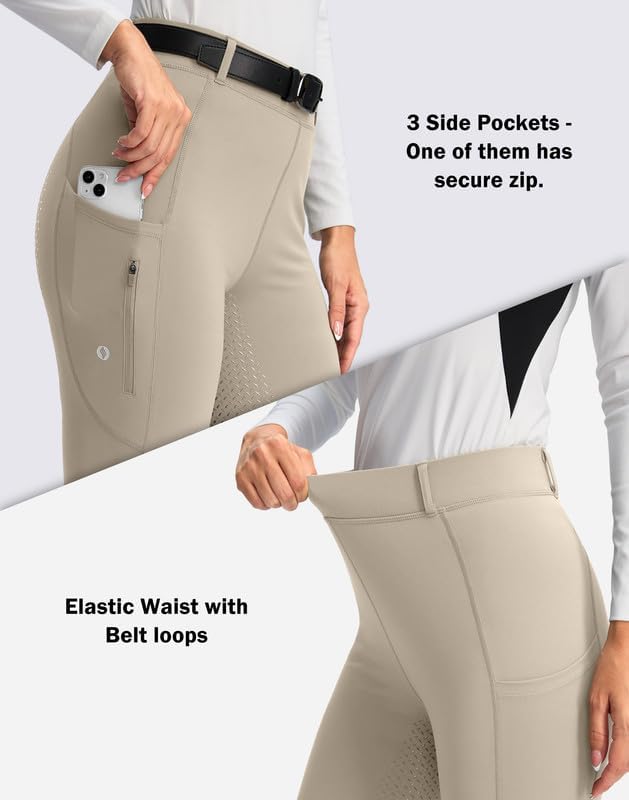 SANTINY Women's Horse Riding Pants Zipper Pockets Silicone Full-Seat Breeches Equestrian Schooling Tights for Women