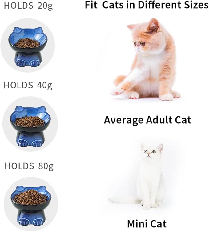 Nihow Elevated Cat/Dog Bowls Set : 5 Inch Ceramic Raised Cat Food and Water Bowl Set for Protecting Pet's Spine - Feeding & Watering Supplies for Pets- Elegant Blue & Black (2PC)