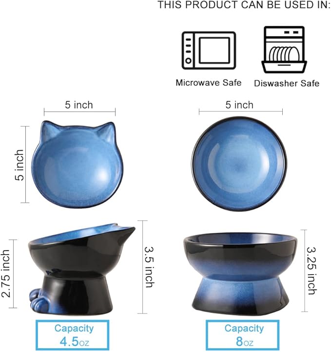 Nihow Elevated Cat/Dog Bowls Set : 5 Inch Ceramic Raised Cat Food and Water Bowl Set for Protecting Pet's Spine - Feeding & Watering Supplies for Pets- Elegant Blue & Black (2PC)