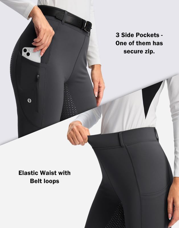 SANTINY Women's Horse Riding Pants Zipper Pockets Silicone Full-Seat Breeches Equestrian Schooling Tights for Women