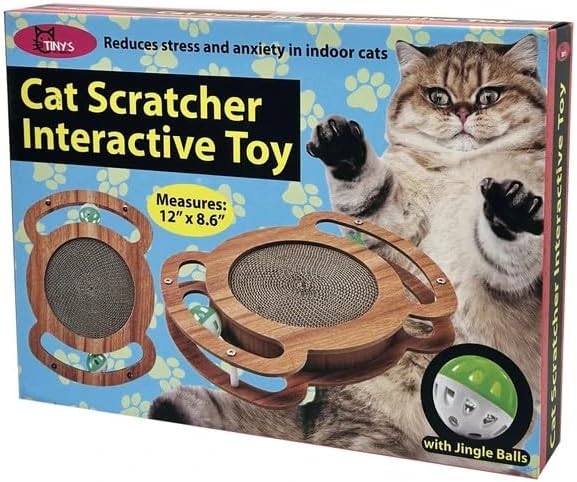 Cat Scratcher Interactive Toy, 12 x 8.6 inch Wooden Scratching Board with Jingle Balls, Indoor Cat Activity Center