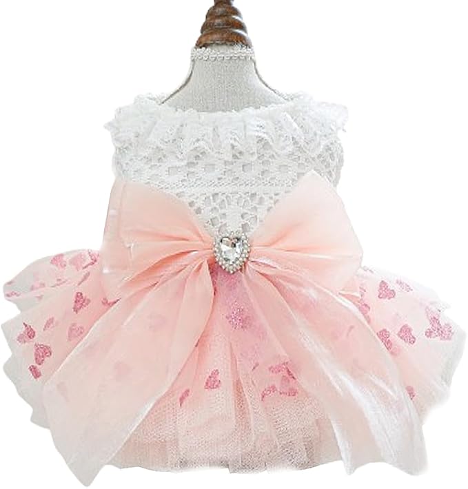 Pink Dog Dress for Small Dog Girl Spring Puppy Clothes with Bow Puff Sleeves Cat Outfit Doggy Princess with Leash Ring Doggies Harness Dress Summer Pet Apparel (Pink White, X-Small)