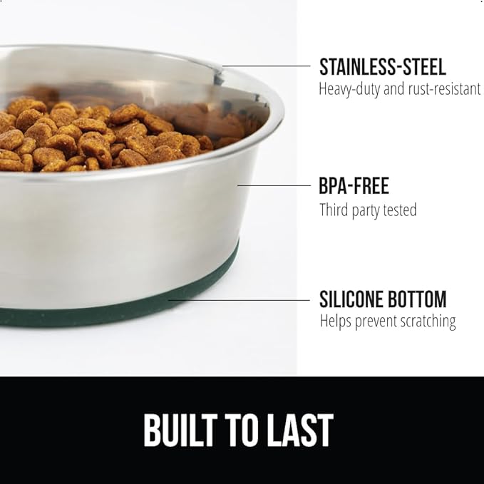 GORILLA GRIP Set of 2 Dog Bowls, Holds 8 Cups (64 fl oz), Heavy Duty Metal Food and Water Bowl for Feeding Dogs and Cats, Dishwasher Safe, Rust Resistant Stainless Steel, BPA Free Rubber Base, Green