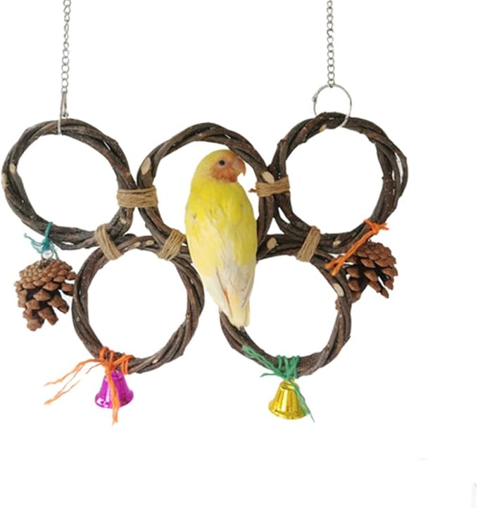Circle Straw Bird Swing Stand Bird Perches Stand Hanging Chewing Toy for Parrots Bird Playground Cage Accessories Climbing Rope Net Ladders for Foraging Toys（Random Color） (4 Rings)