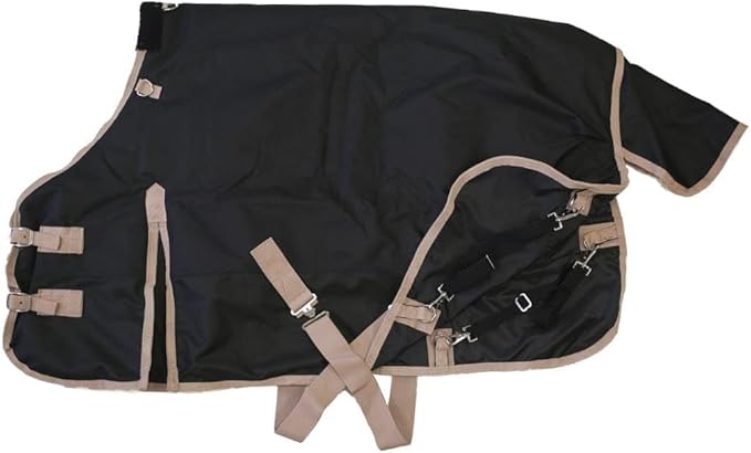 AJ Tack 1200D Waterproof Winter Pony Blanket - 300g Heavyweight Turnout with Fleece Collar, Shoulder Gussets & Tail Flap - Black 52"