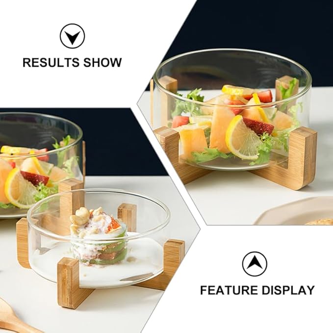 PRETYZOOM Glass Salad Bowl with Solid Wood Base Versatile Serving Bowl Kitchen Utensils for Fruits Noodles Desserts 6 Inch