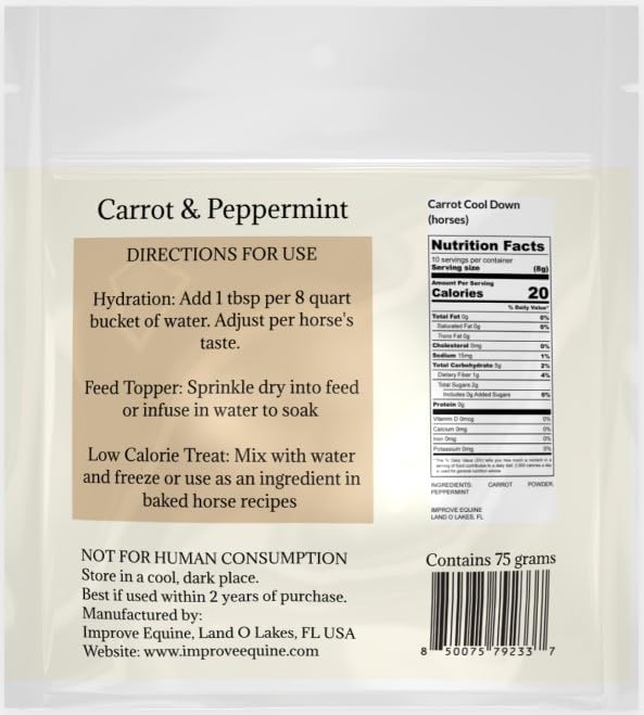 Low Calorie Hydration, Feed Topper & Treat | Safe, NO Electrolyte/Salt for Daily Intake | No Sugar Added | Hydration Support for Horses, Livestock & Dogs | 8 servings | Carrot Cool Down