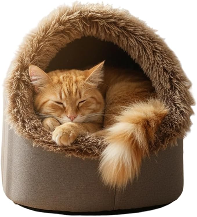 Winter Warm Pet Cave Bed, 2026 New Soft Plush Cozy Indoor Nest for Cats and Small Dogs, Removable Cushion Warming Pets Cozy Enclosed Cat House with Non-Slip Bottom for Winter (Brown, Large)