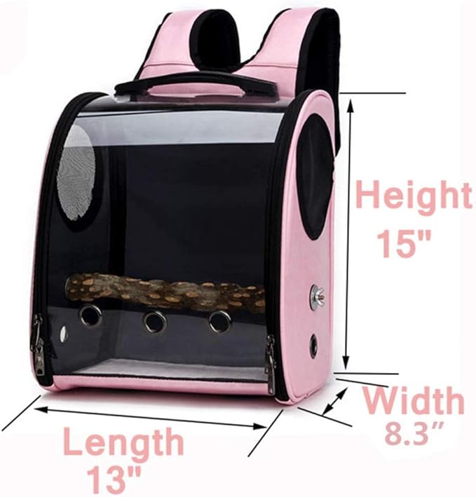 Bird Carrier Clear Parrot Outing Backpack APET Transparent Acrylic Bird Travel Carrier Parrot Travel Cage Panoramic Pet Backpack for Puppy Kitten 33x38x17cm (Pink)