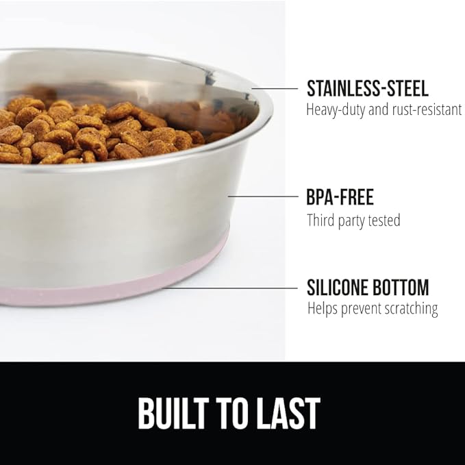 GORILLA GRIP Dog Bowls, Holds 2 Cups Each (16 fl oz), Heavy Duty Stainless Steel Food and Water Bowl for Feeding Dogs and Cats, Dishwasher Safe, Rust Resistant, BPA Free Rubber Base, Set of 2 Pink