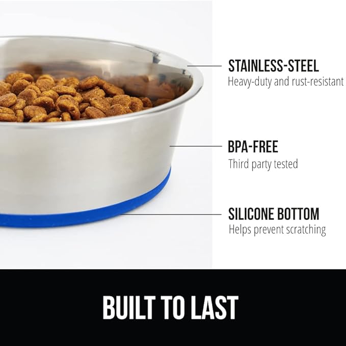 GORILLA GRIP Set of 2 Dog Bowls, Holds 8 Cups (64 fl oz), Heavy Duty Metal Food and Water Bowl for Feeding Dogs and Cats, Dishwasher Safe, Rust Resistant Stainless Steel, BPA Free Rubber Base, Blue