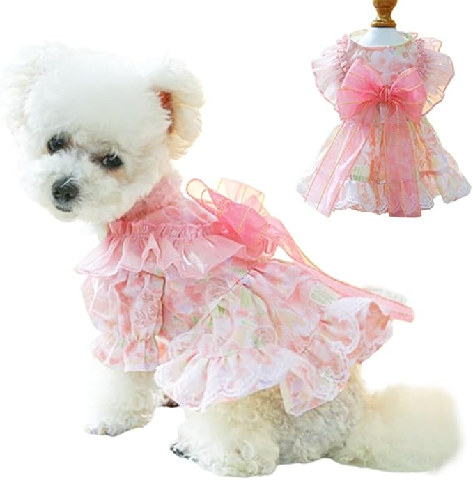 Pink Dog Dress for Small Dog Girl Spring Puppy Clothes with Bow Puff Sleeves Cat Outfit Doggy Princess with Leash Ring Doggies Harness Dress Summer Pet Apparel (Pink, X-Small)