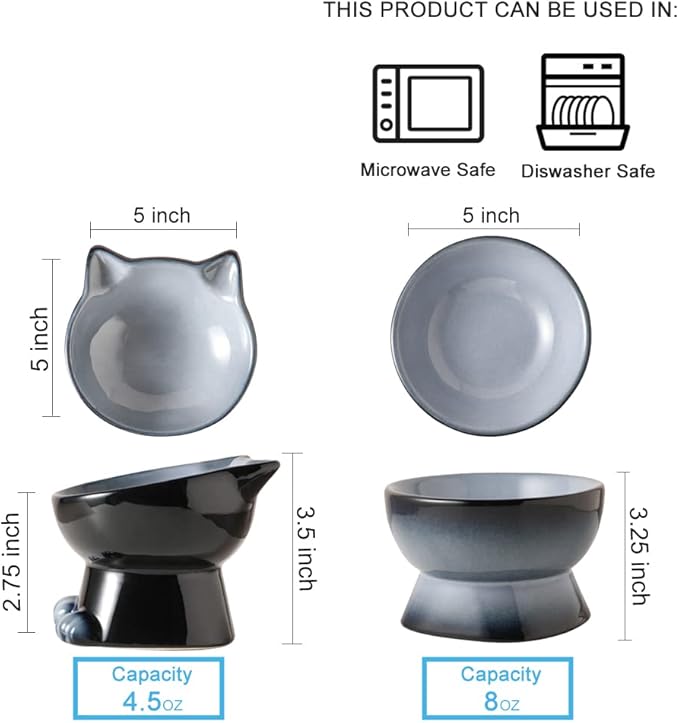 Nihow Ceramic Raised Cat & Dog Bowls: 5 Inch Elegant Gray (2 PC), Protecting Pet's Spine, Feeding & Watering Supplies, Modern Design, Anti Vomiting, Whisker Friendly