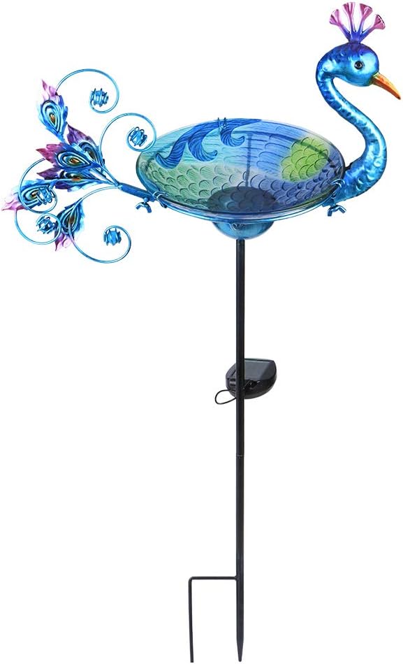 MUMTOP Outdoor Bird Bath Solar Birdbath Small Birdfeeder with Peacock Metal Stake for Garden Yard Decor