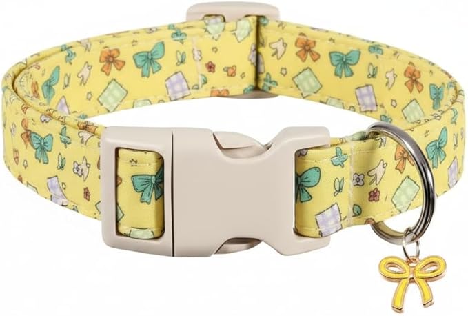 Cute Dog Collar with Yellow Bow Pattern, Girl Dog Collar for Small Dogs, Adjustable Spring/Summer Puppy Collar Made of Soft Fabric and Quick Release Buckle, S