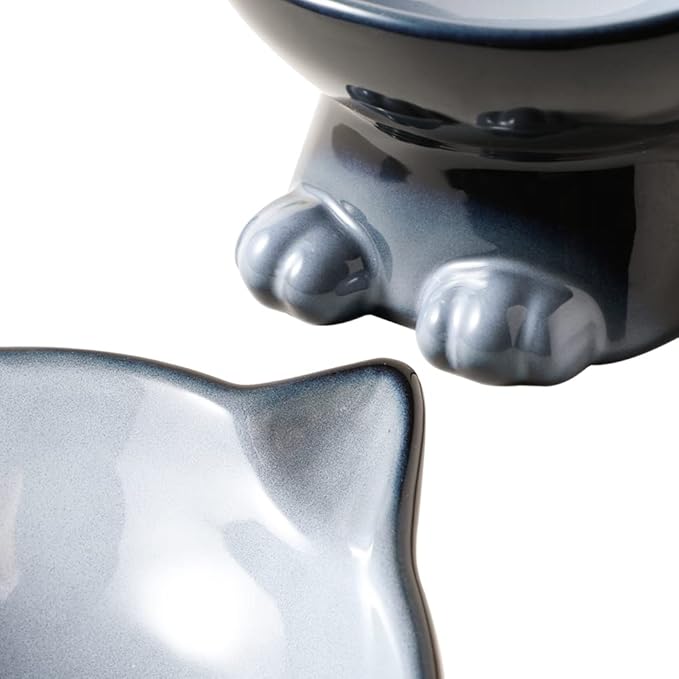 Nihow Elevated Cat/Dog Bowls Set : 6.2 Inch Ceramic Raised Cat Food & Water Bowl Set for Protecting Pet's Spine - Feeding & Watering Supplies for Cat/Small Size Dog - Elegant Gray(2PC)